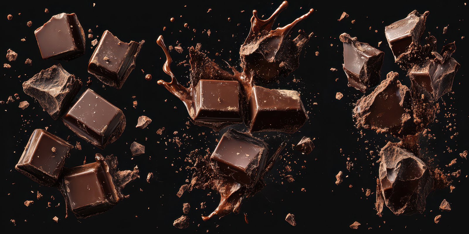 Chocolate pieces break apart and create a dynamic splash against a dark background